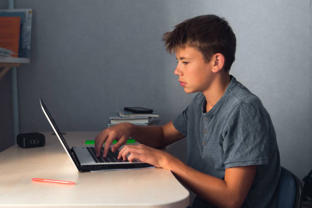 istock student boy at workplace at home with open copybook and computer 1343466690