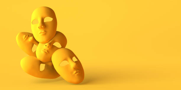 Expressionless theater masks on yellow background. Copy space. 3D illustration.