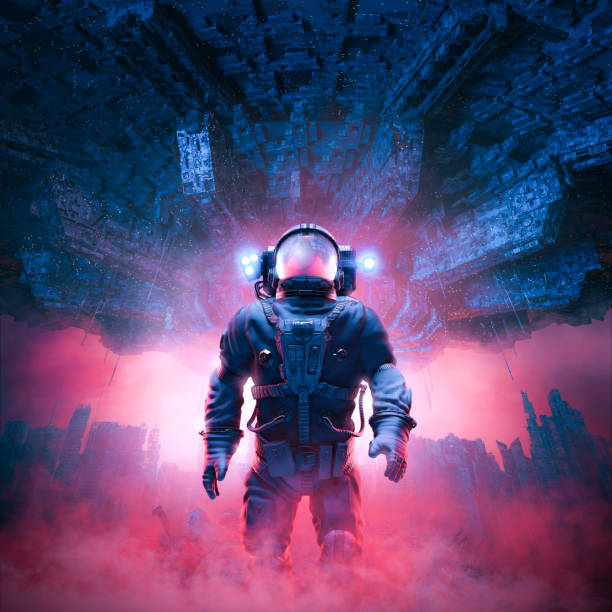 Astronaut exploring invaded ruins 3D illustration of science fiction space suit wearing character standing amid rubble in war torn futuristic city with giant space ship in the sky above dystopia concept stock pictures, royalty-free photos & images