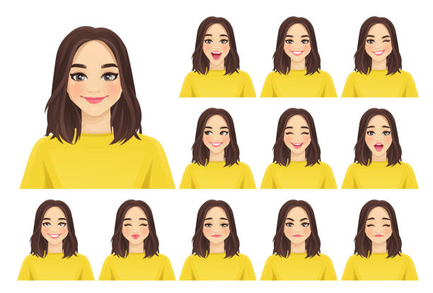 ilustrações, clipart, desenhos animados e ícones de expressões femininas definidas - crying grimacing facial expression human face