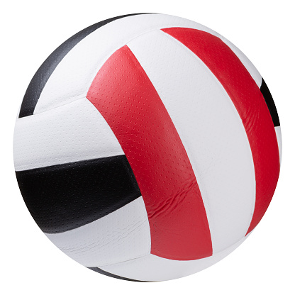 pelota de voleibol tricolor, con inserciones blancas, rojas y negras, sobre fondo blanco photo
