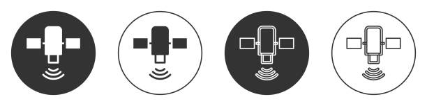 illustrazioni stock, clip art, cartoni animati e icone di tendenza di icona satellite nera isolata su sfondo bianco. pulsante cerchio. vettore - satellite global positioning system surveillance satellite dish