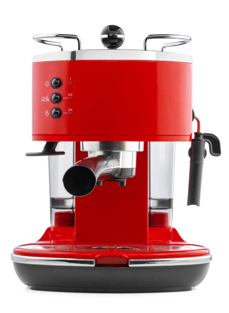 istock Stylish red coffee machine isolated on white background 1343471377