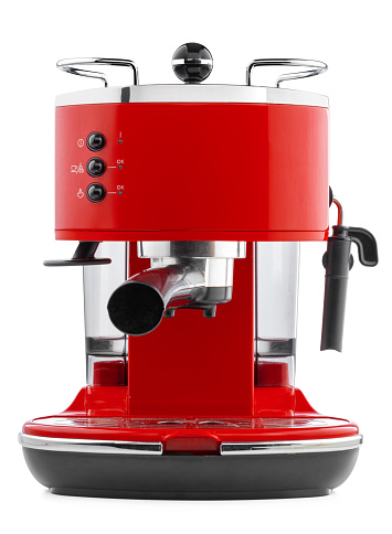 Stylish red coffee machine isolated on white background