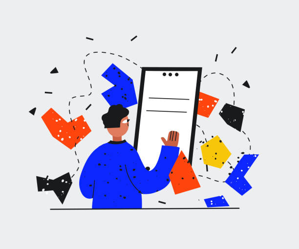 istock a man in front of a large digital screen.the guy looks at the phone screen.concept of mobile applications and internet communication.Vibrant flat in the Korean style.Online business correspondence 1343473209