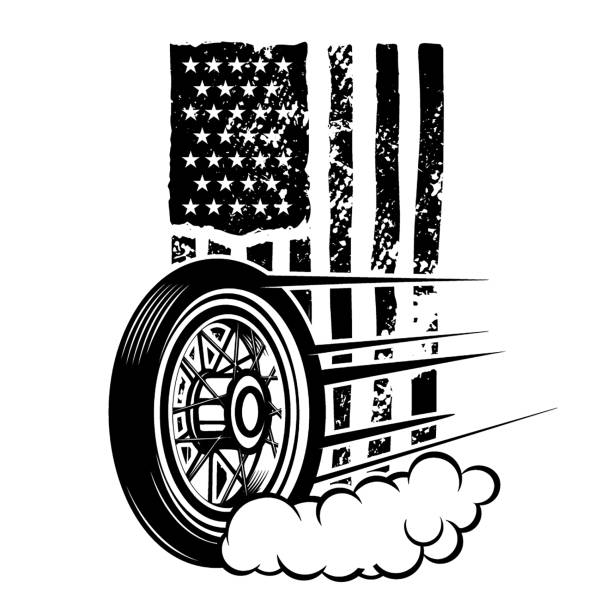 ilustraciones, imágenes clip art, dibujos animados e iconos de stock de rueda de motocicleta sobre fondo de bandera americana. elemento de diseño para emblema, letrero, cartel, camiseta. ilustración vectorial - car california sports race motorized sport
