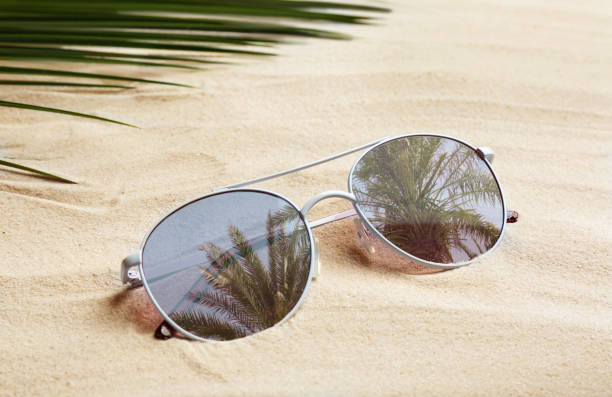 istock Stylish sunglasses with reflection of palm trees on white sand 1343476547
