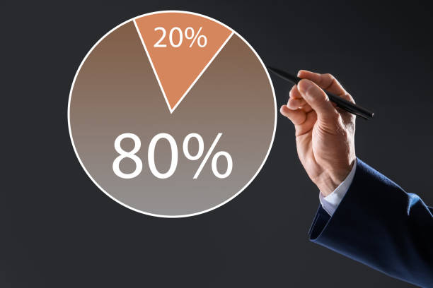 istock Pareto principle concept. Man drawing chart with 80/20 rule representation on grey background, closeup 1343478398