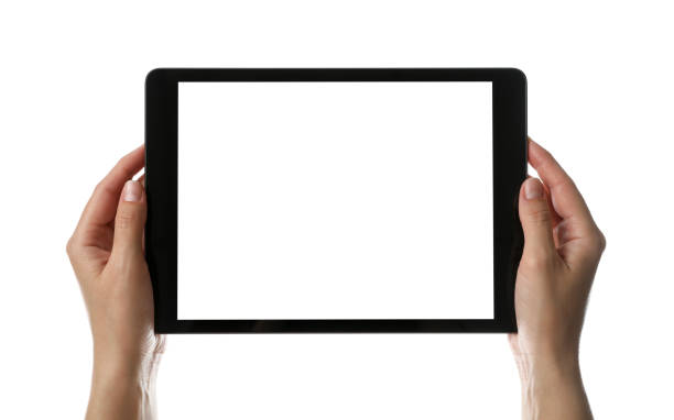 istock Woman holding tablet computer with blank screen on white background, closeup. Modern gadget 1343478510