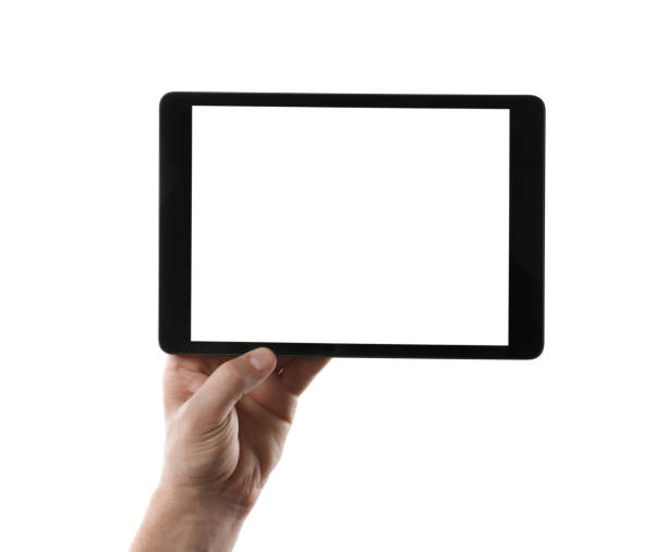 istock Man holding tablet computer with blank screen on white background, closeup. Modern gadget 1343478902