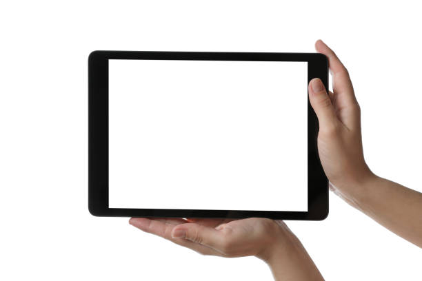 istock Woman holding tablet computer with blank screen on white background, closeup. Modern gadget 1343479063