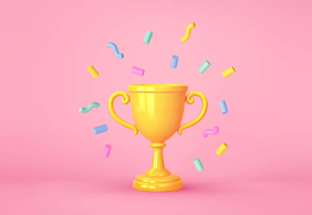 istock Cartoon winners trophy, champion cup with falling confetti 1343479168