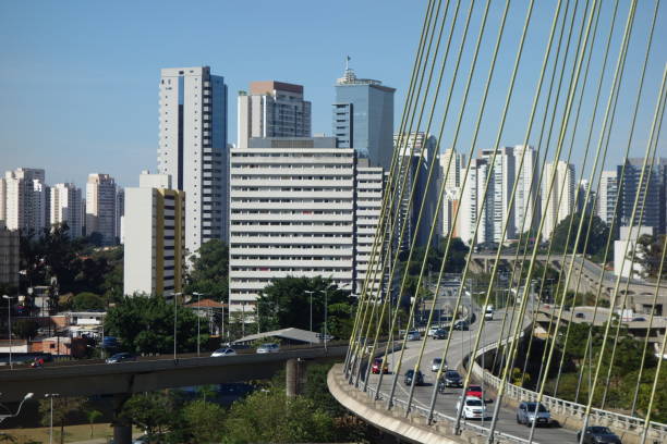 istock Sao Paulo, Brazil: cable-stayed bridge, cityscape. Tiete river, ponte estaiada 1343479732