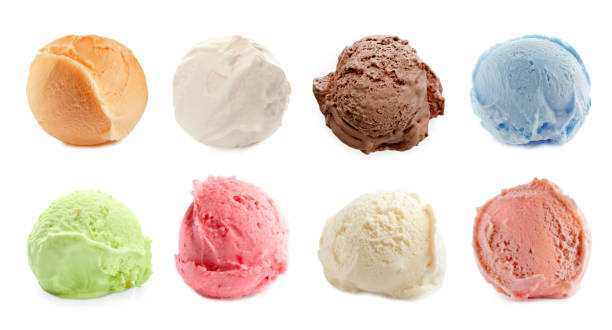 istock Set with scoops of different ice creams on white background. Banner design 1343480296