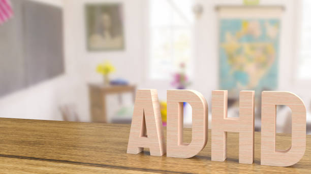 adhd wood text on table in class room for medical or education concept 3d rendering