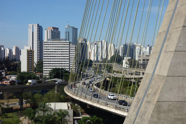 istock Sao Paulo, Brazil: cable-stayed bridge, cityscape. Tiete river, ponte estaiada 1343480817