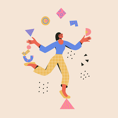Multitasking concept. Woman balances on a triangle and juggle abstract shapes. Modern vector cartoon flat illustration in trendy colors. Time management, productivity, skillful