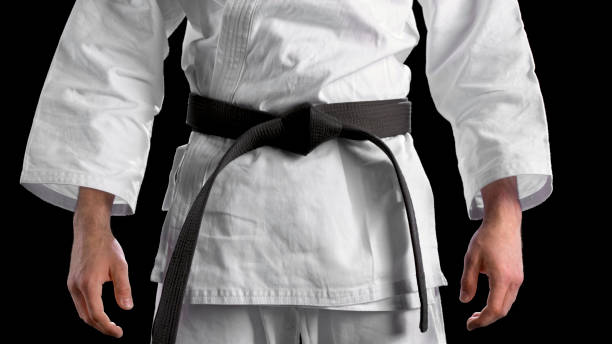 istock Male karate player standing against black background 1343482326