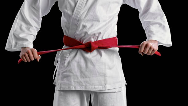 istock Male karate player standing against black background 1343482346