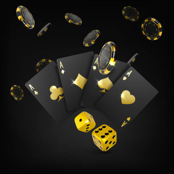 istock Gold dices black playing cards four aces and falling poker chips. Casino big win poster. 3d design element for gambling banner. Vector 1343484556