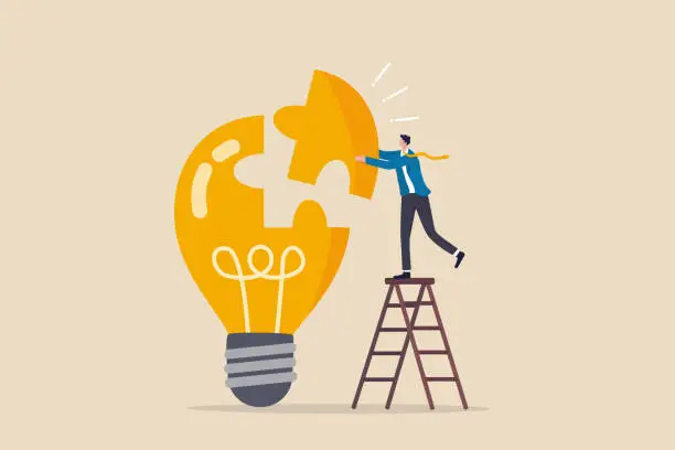 Vector illustration of Solve business problem with creativity, finishing or complete brilliant idea, work solution or business idea concept, smart businessman assemble last piece of jigsaw to complete lightbulb idea puzzle.