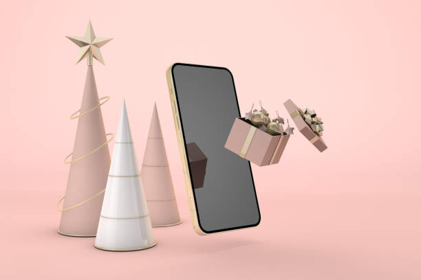 istock Digital christmas with smartphone and christmas decoration. 3d render 1343488583