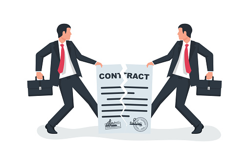 Break of a contract. Two businessmen pull rope, tearing contract. Vector illustration flat design. Isolated on background. Concept of disagreement. Business documents. End deal.