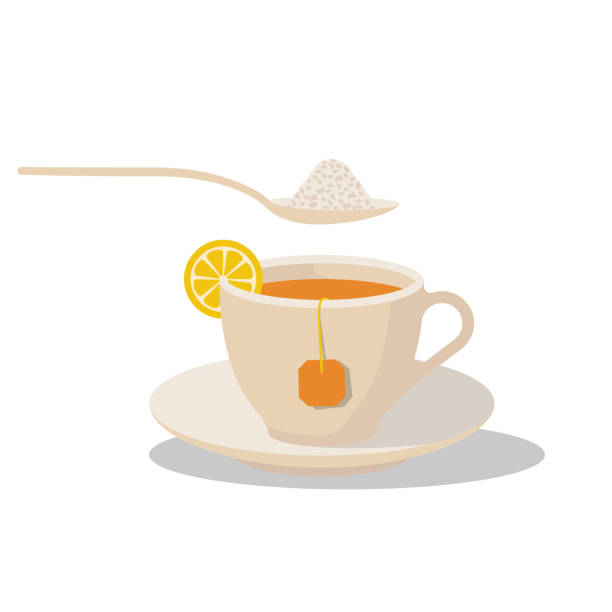 Sugar in tea. Spoon with sugar. Sweet tea Sugar in tea. Spoon with sugar. Sweet tea. Delicious hot drink. Vector illustration flat design. Isolated on white background. tea cup and saucer stock illustrations
