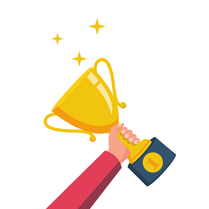 Winning cup in hand. First place. Symbol of success, winning, championship. Gold trophy.   Award bowl. Vector illustration flat design. Isolated on white background. Leadership concept.