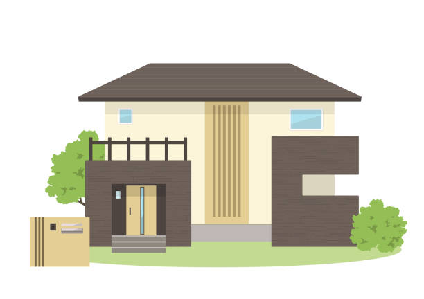 istock Illustration of a detached house with garden trees (Japanese modern) 1343490295