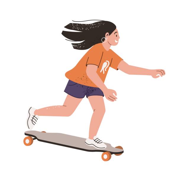 Teenager girl riding skateboard at fast speed. Young happy skater on skate board. Cool active skateboarder. Modern person on longboard. Flat vector illustration isolated on white background Teenager girl riding skateboard at fast speed. Young happy skater on skate board. Cool active skateboarder. Modern person on longboard. Flat vector illustration isolated on white background. skater girl stock illustrations