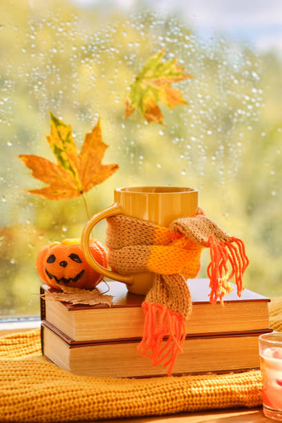 istock Background with books, cup of tea, pumpkin 1343492146