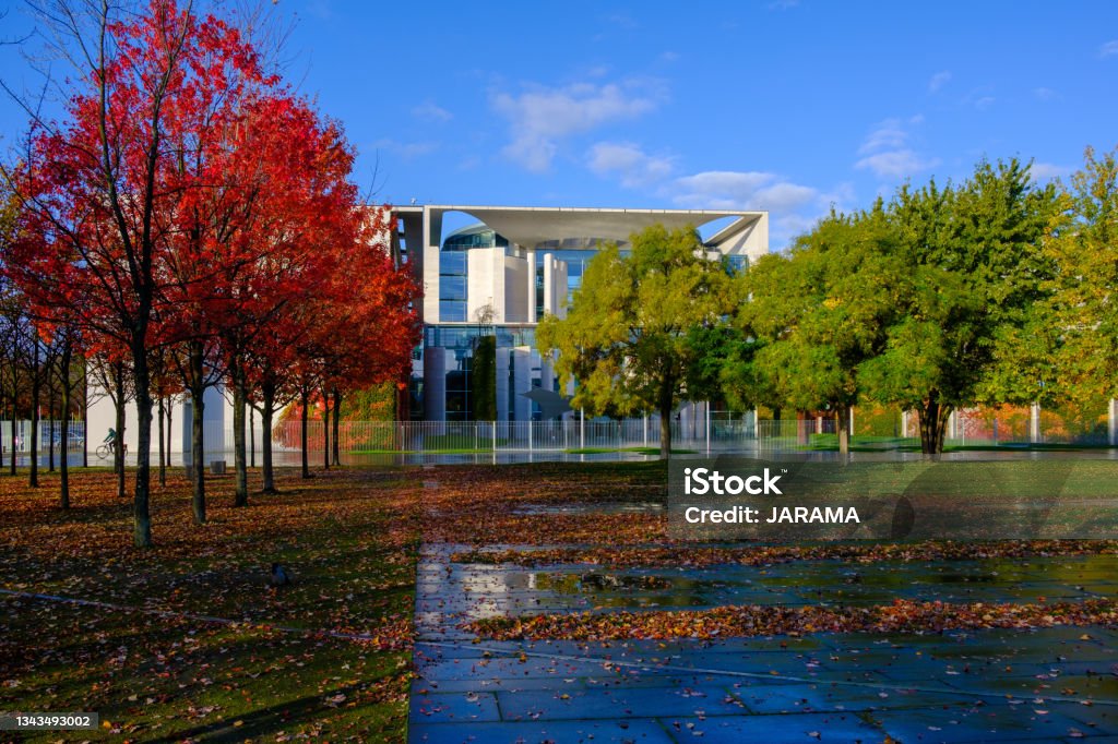 Federal chancellery in Government district near Reichstag building in Berlin. Kanzleramt in Autumn. Office of the new German Chancellor after the election. German Social Democratic Party Stock Photo