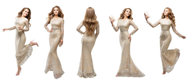fashion woman in long holiday dress set. beauty model in silver sequin sparkly lace evening gown over white studio background. elegant lady posing looking at camera, side back rear view - luxury glamour dress caucasian imagens e fotografias de stock