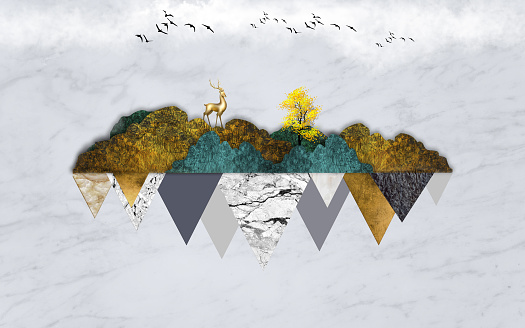 3d art wallpaper.\ngolden and turquoise mountains and triangles with deer, tree and black birds in white marble background\nfor wall homed decor