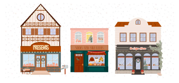 stockillustraties, clipart, cartoons en iconen met collection of christmas houses - cafe snow