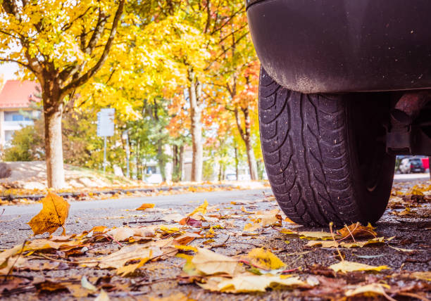 vorsicht vor rutschgefahr auf der straße im herbst - discolored stock-fotos und bilder