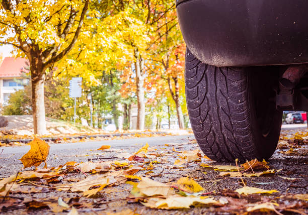 остерегайтесь риска поскользнуться на дороге осенью - discolored стоковые фото и и�зображения