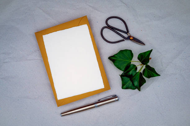 istock Blank greeting, condolence or invitation mockup with brown envelope, handmade white paper and ivy as a symbol of reliability, loyalty, immortality, eternal life. 1343501651
