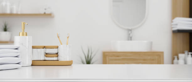 istock Toiletries on a tabletop, with montage space over a Scandinavian minimalist bathroom interior 1343501701