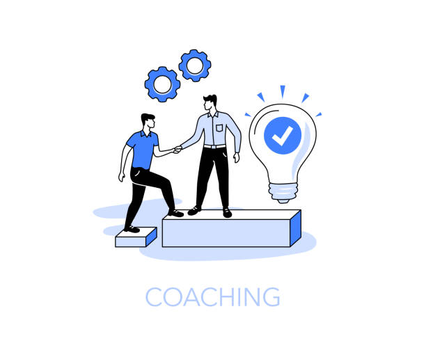illustrazioni stock, clip art, cartoni animati e icone di tendenza di illustrazione del simbolo di coaching con due persone, una che aiuta l'altra nel raggiungimento di uno specifico obiettivo personale o professionale - coach