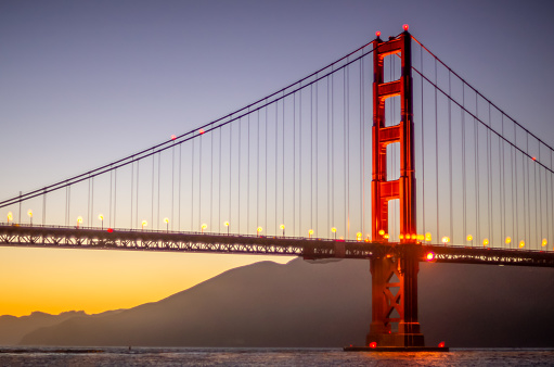 Golden Gate bridge at dusk illuminated. San Francisco, California, USA