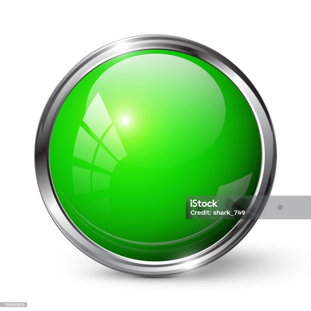 Green Rounded Button Glossy Shiny Green Round Button With Metal Frame Vector Illustration ...