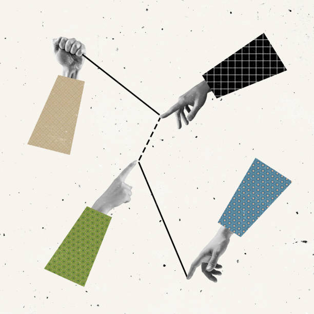 istock Contemporary art collage of human hands drawing graph. Team work concept 1343503640