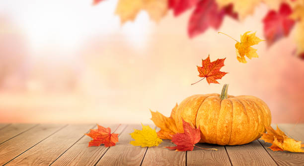 istock pumpkin and falling autumn leaves 1343504812