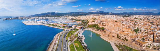 mallorca large view panorama from the top of the cathedral, harbor and sea - palma majorca stok fotoğraflar ve resimler