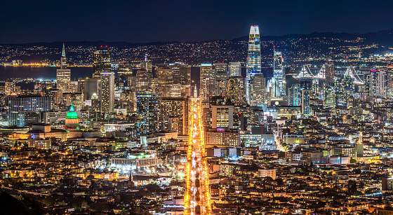 Aerial View of downtown San Francisco with market street in the center