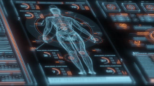 Medical examination in style HUD GUI. Medical Health Care Human Virtual Body Hi Tech Diagnostic Panel. Modern medical science in future and global international medical with tests analysis clone DNA