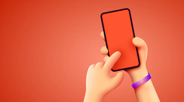 halten sie das telefon in zwei händen. telefon-mockup. bearbeitbare smartphone-vorlage. touchscreen mit dem finger. - dreidimensional fotos stock-grafiken, -clipart, -cartoons und -symbole