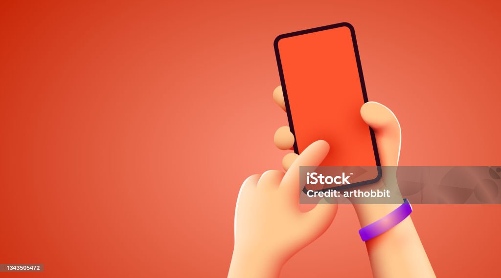 Holding phone in two hands. Phone mockup. Editable smartphone template. Touching screen with finger. Holding phone in two hands. Phone mockup. Editable smartphone template. Touching screen with finger. Vector illustration Mobile Phone stock vector